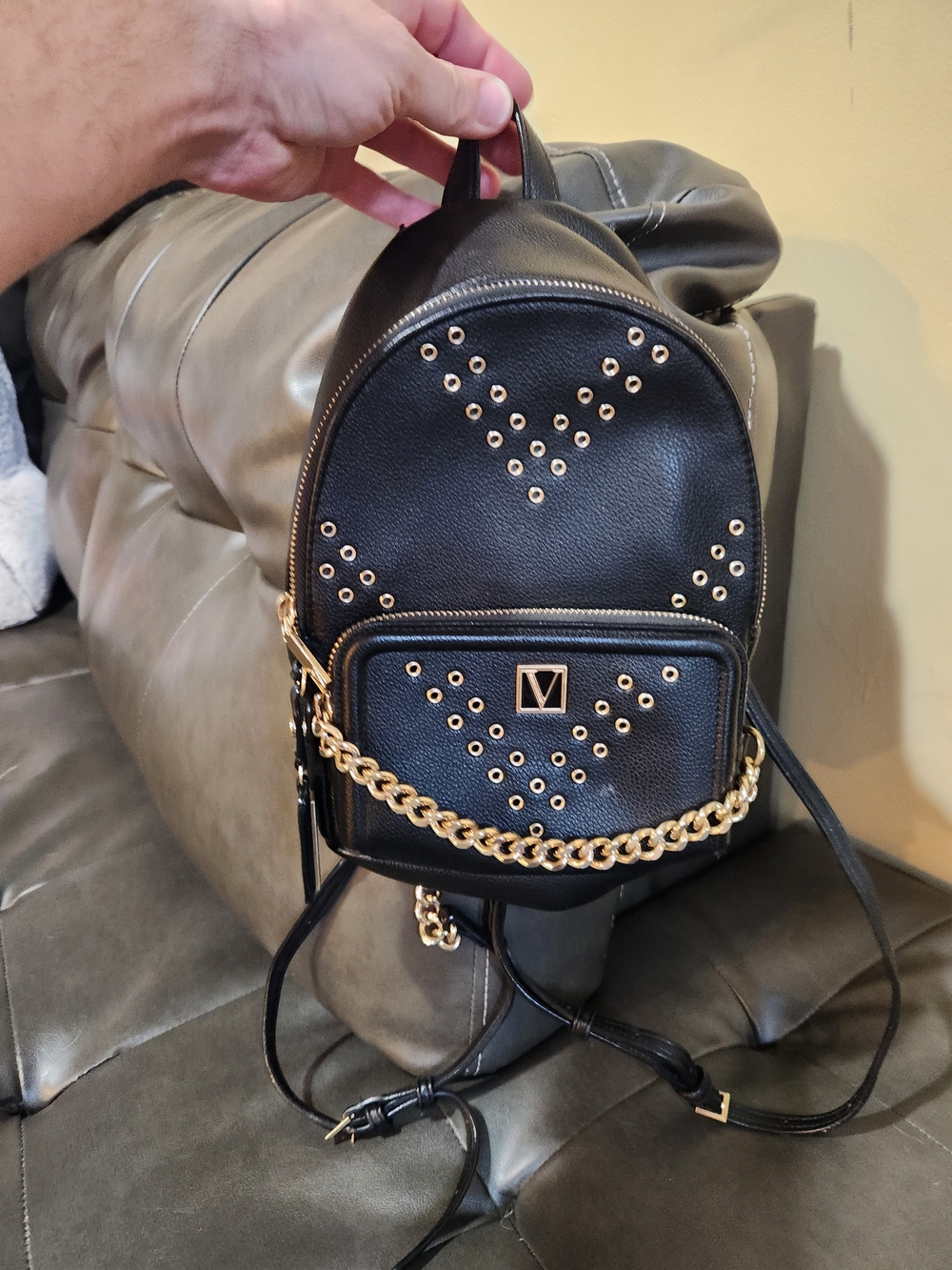 Victoria's Secret Black Mini Backpack with Gold Studs & Chain - Picture 1 of 13